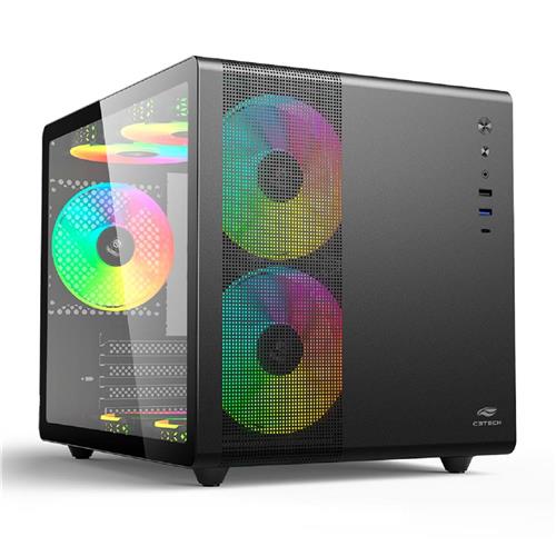 Gabinete Gamer C3Tech Aquarius, Mini Tower, Vidro Temperado, M-ATX, Black, Sem Fonte, Sem Fan