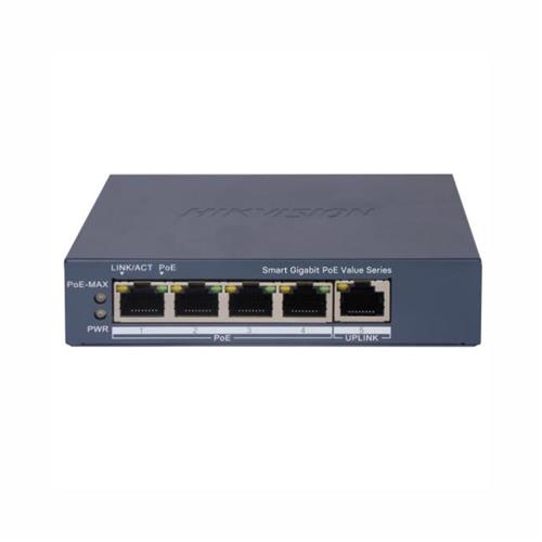 Switch Hikvision DS-3E1505P-EI/M, 4 Portas PoE+ Gigabit, 1 Uplink, 45W, Gerenciável, VLAN, Proteção 6kV, Long Range até 300m
