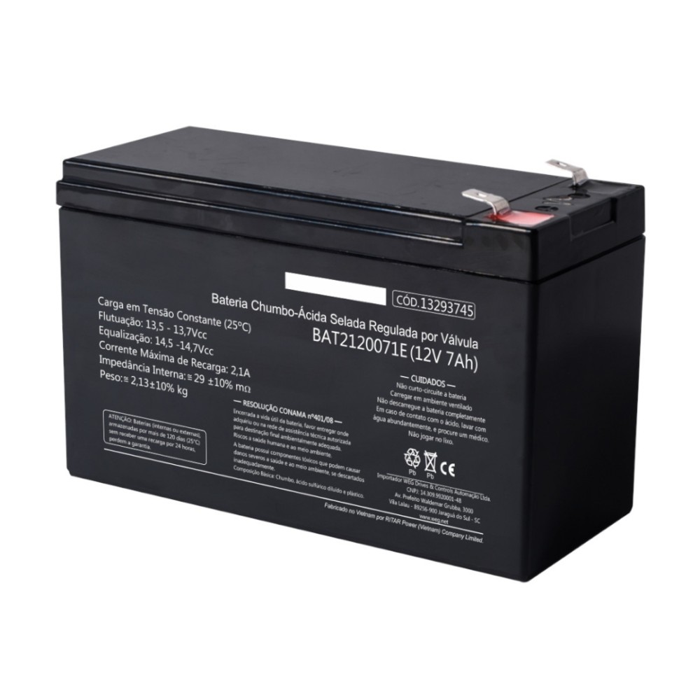Bateria Selada VRLA WEG , 12V , 7Ah , AGM , Chumbo-Ácido , Terminal Faston F2 , BAT2120071E