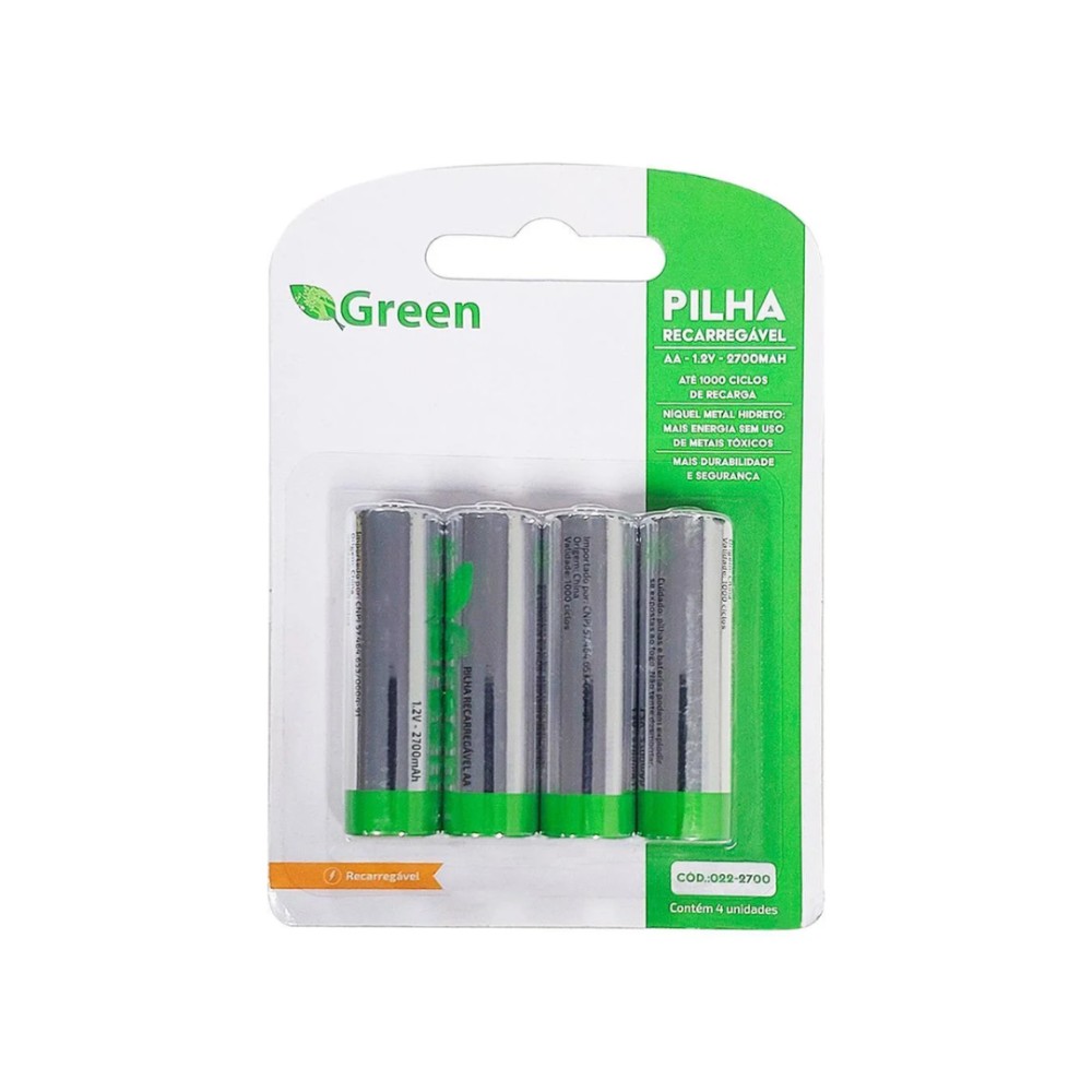Pilha Recarregável Green AA 2700mAh NiMH Kit com 4 Unidades Verde