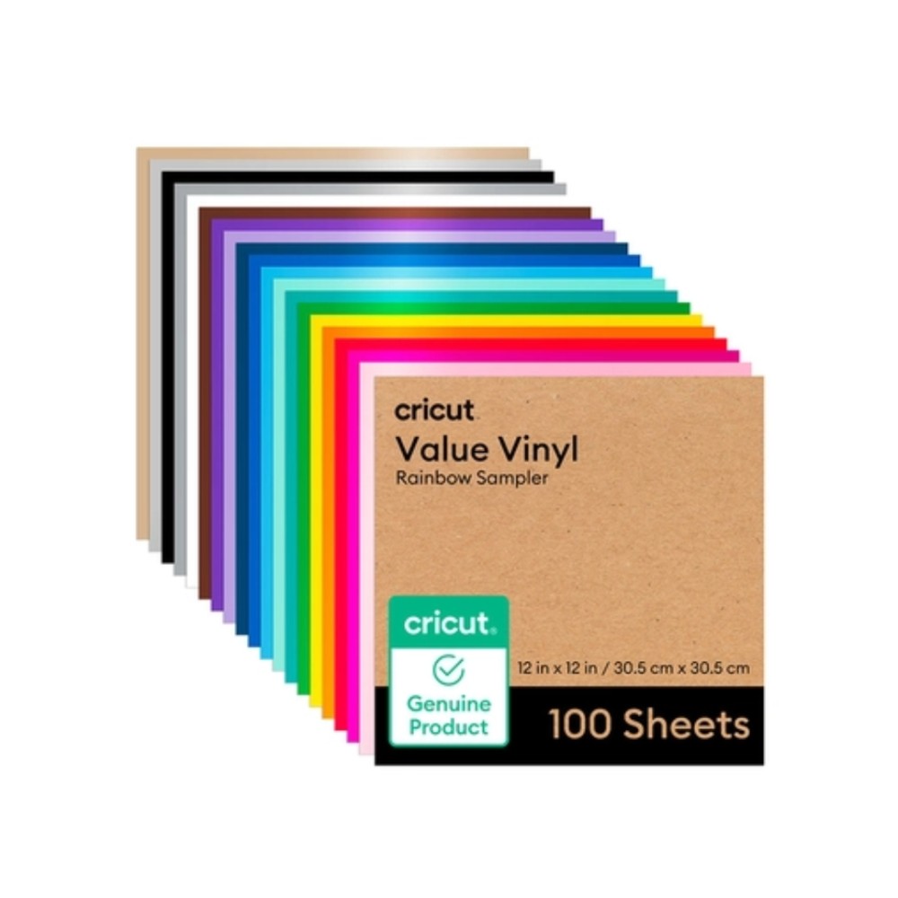 Vinil Adesivo Permanente , Cricut , Value Vinyl Rainbow Sampler , 100 Folhas , 30,5 × 30,5 cm , Acabamento Fosco , 2010888