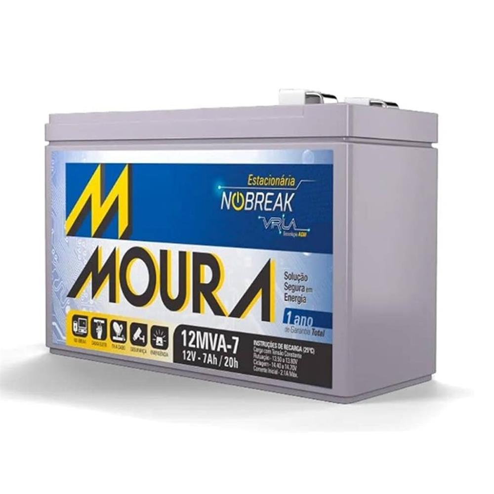Bateria Estacionária Moura VRLA 12MVA7 - 7Ah, Livre de Manutenção, Para Nobreak, Cinza