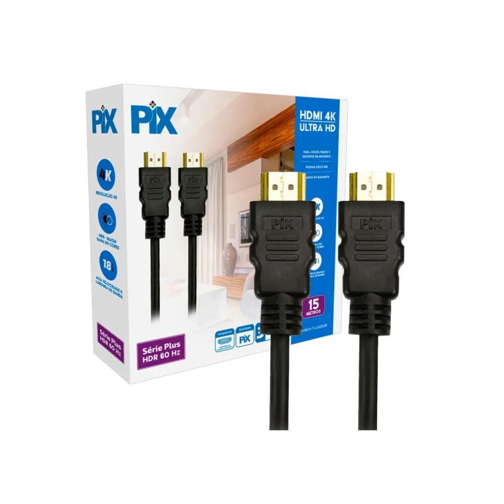 Cabo HDMI 2.0, PIX, 15 Metros, 4K 60Hz, HDR, 19 Pinos, Ethernet