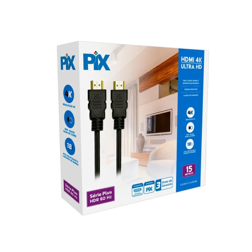 Cabo HDMI 2.0, PIX, 15 Metros, 4K 60Hz, HDR, 19 Pinos, Ethernet