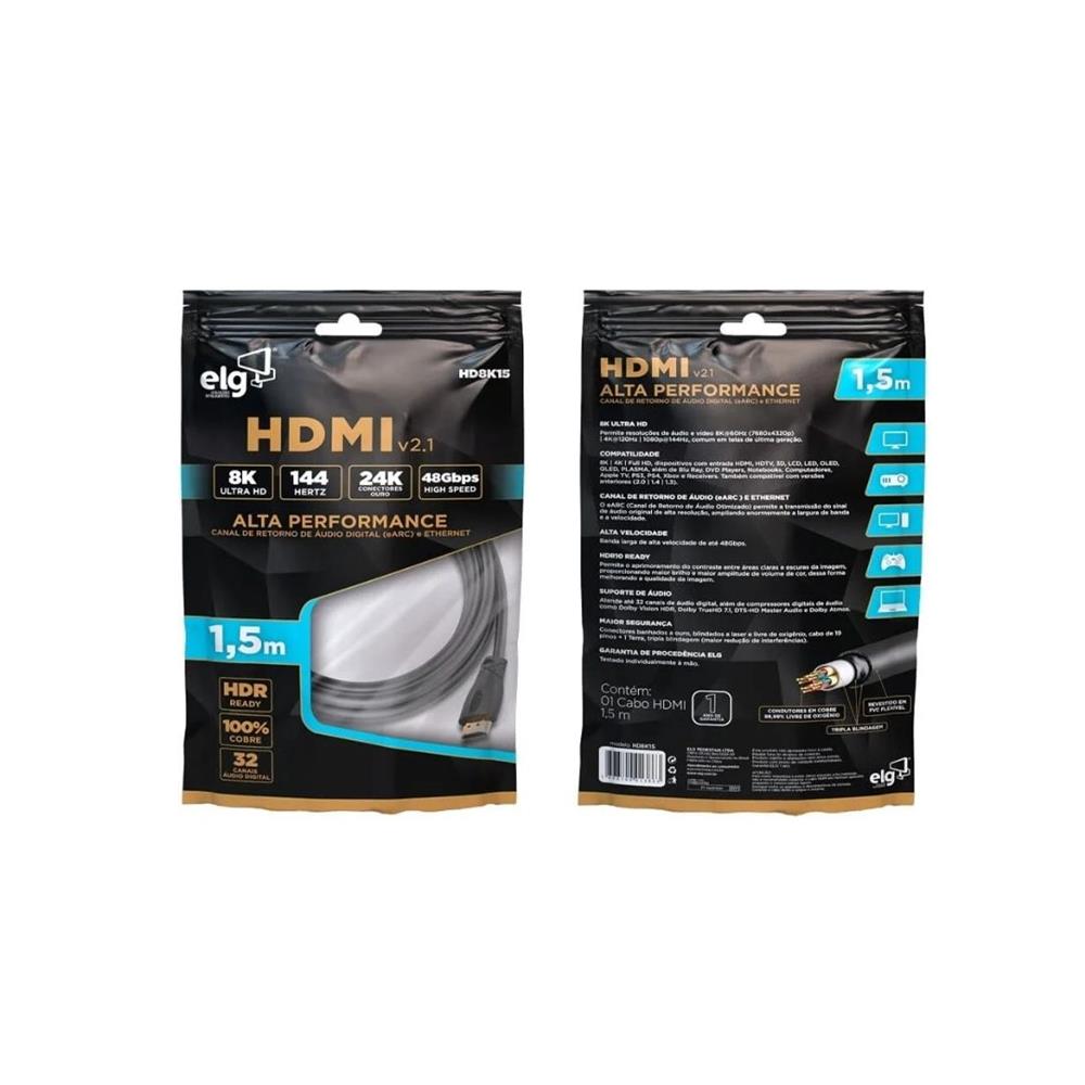 Cabo HDMI 2.1, ELG HD8K15, 1.5 m, 8K, 60 Hz, Preto