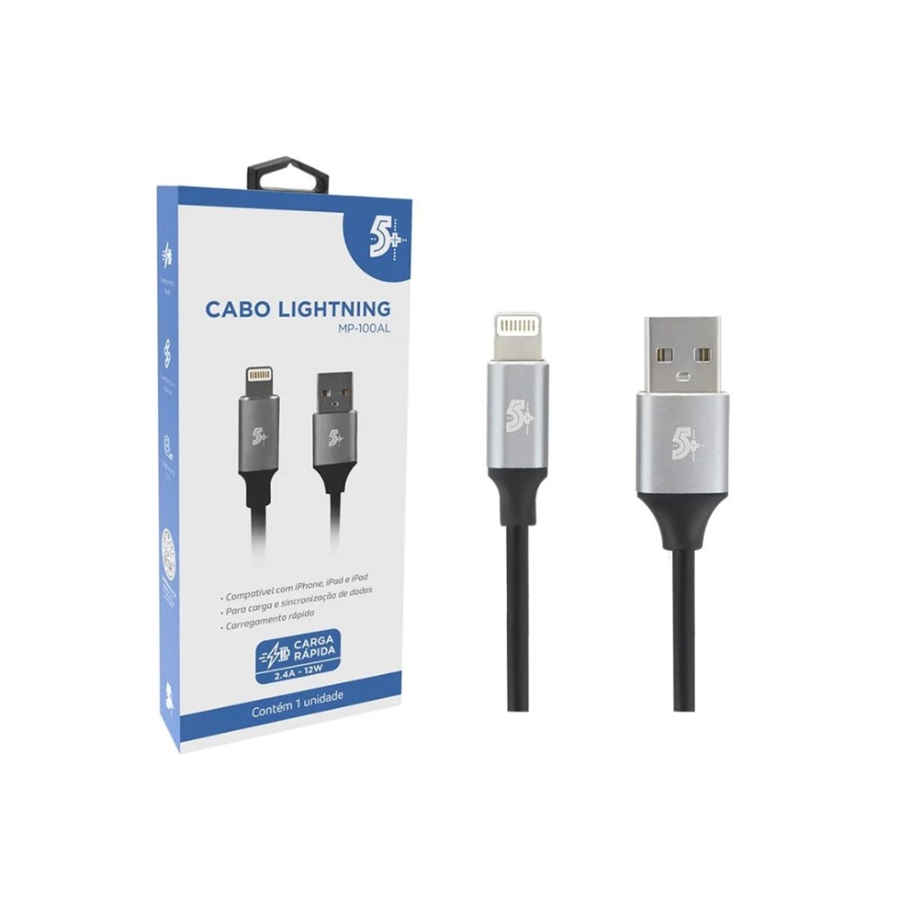 Cabo Lightning USB-A 2.0, 5+, 1,2m, Fast Charger 12W, 018-0203, Preto