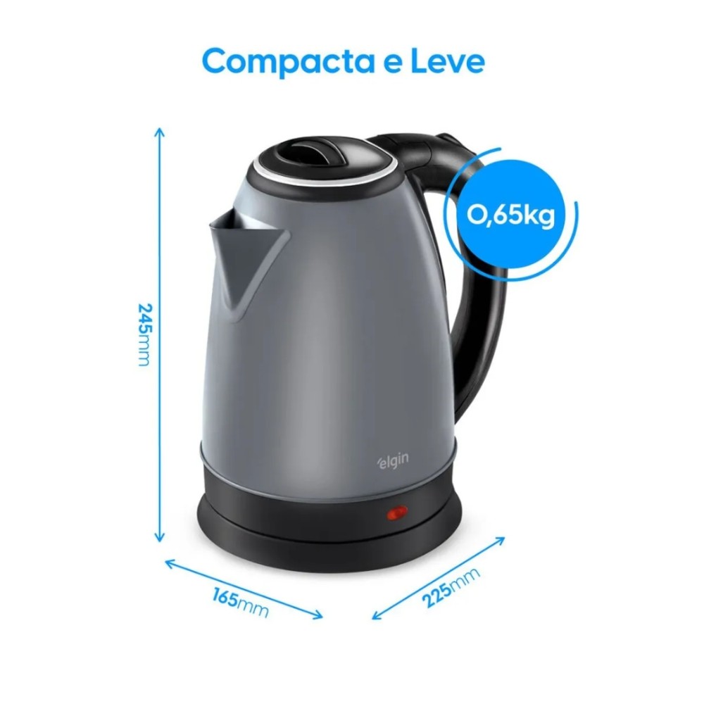 Chaleira Elétrica Elgin, 1,8 Litros, Aço Inoxidável, Sem Fio, Cinza, 42CHA1002000