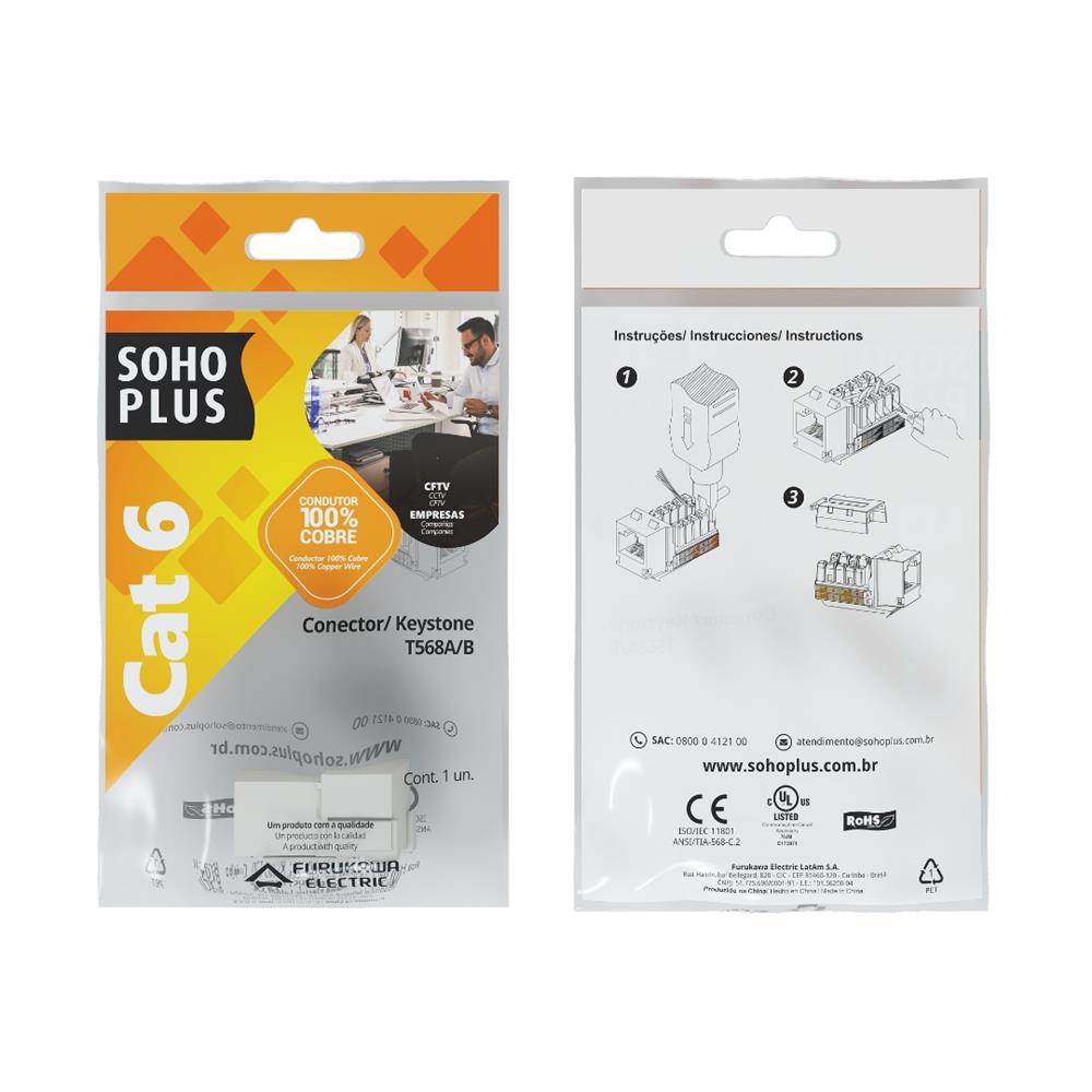 Conector Fêmea Sohoplus Cat6 T568A/B Branco