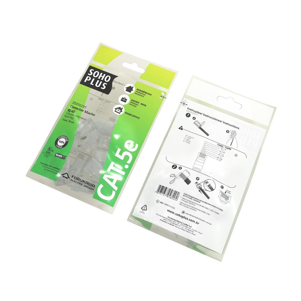 Conector RJ45 Cat 5e, Furukawa SohoPlus 35050220, Pacote com 100 unidades, Transparente