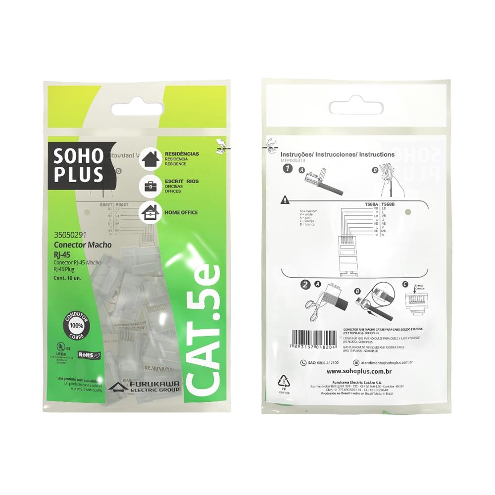 Conector RJ45 Cat 5e, Furukawa SohoPlus 35050220, Pacote com 100 unidades, Transparente
