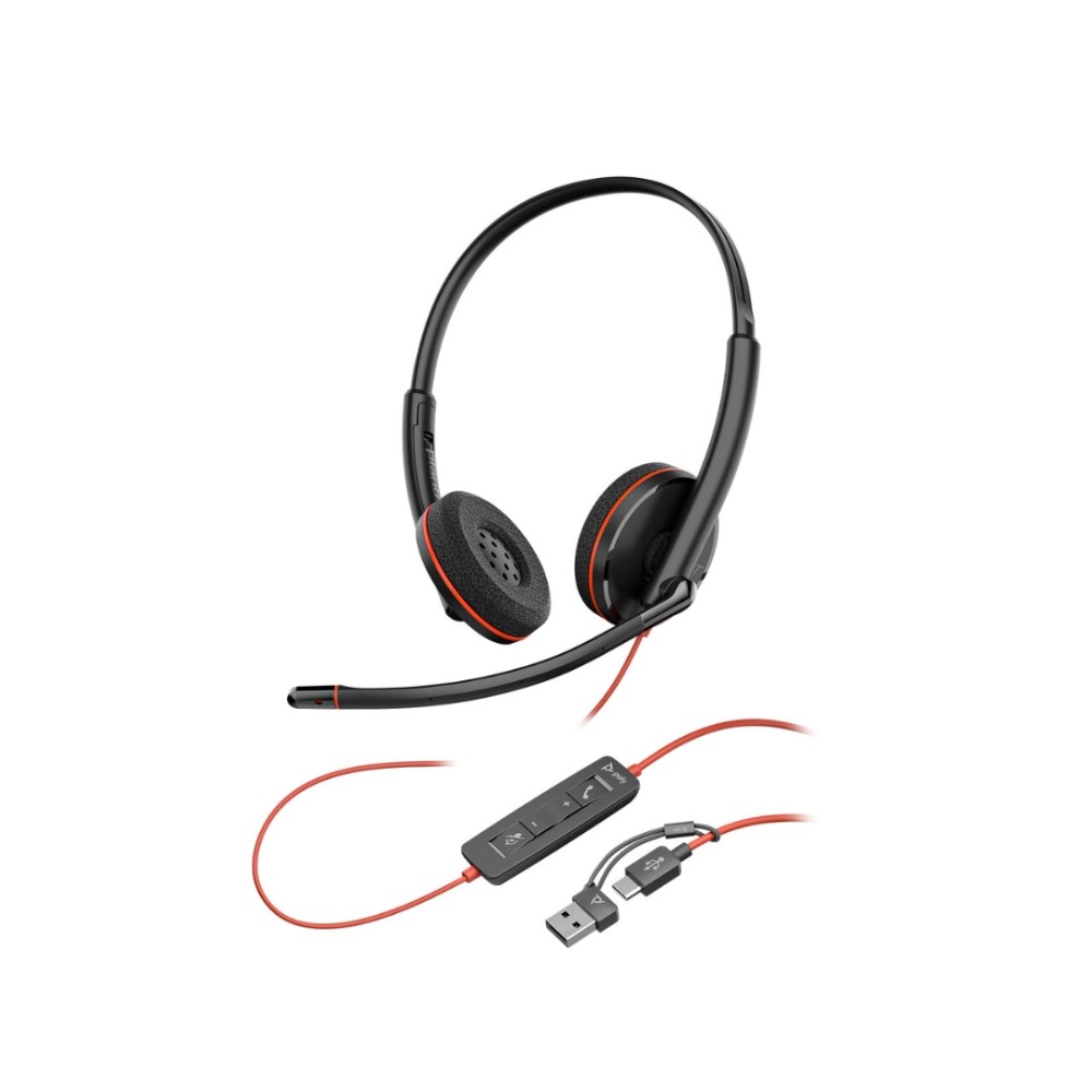 Headset Estéreo, Poly, Blackwire C3220, USB-C, Adaptador USB-C/A, Microfone com Cancelamento de Ruído