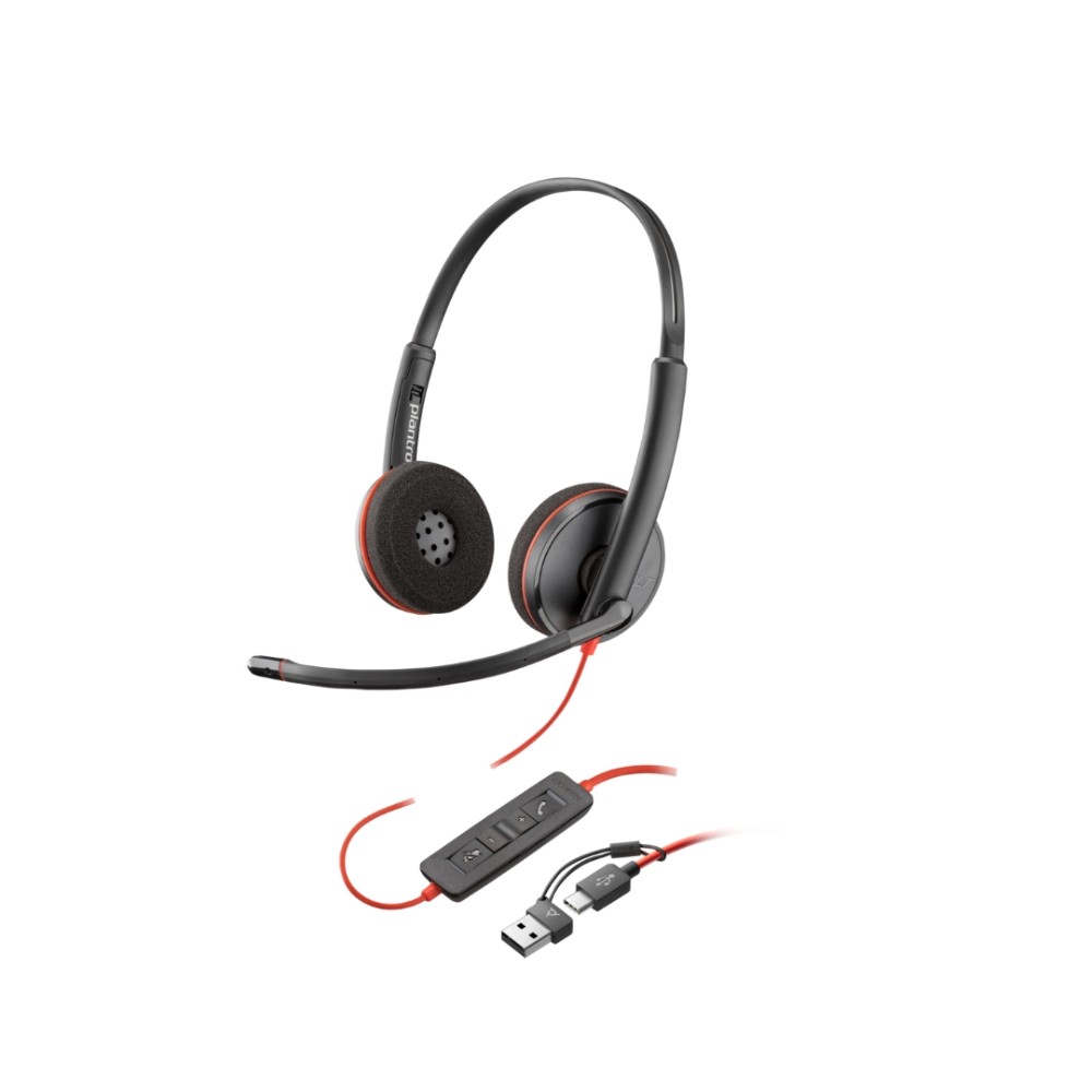 Headset Estéreo, Poly, Blackwire C3220, USB-C, Adaptador USB-C/A, Microfone com Cancelamento de Ruído