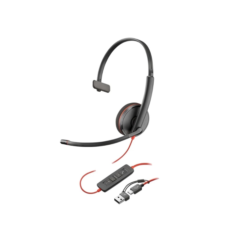 Headset Monoaural, Poly, Blackwire 3210, USB-C, Adaptador USB-C/A, 28mm, Cancelamento de Ruído