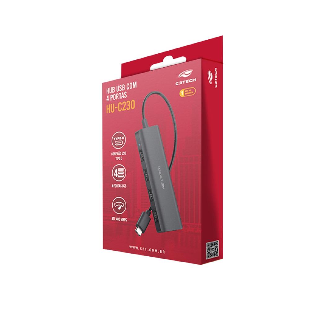 Hub USB  C3Tech, 2.0, 4 Portas, USB-USB C,  HU-C230BK