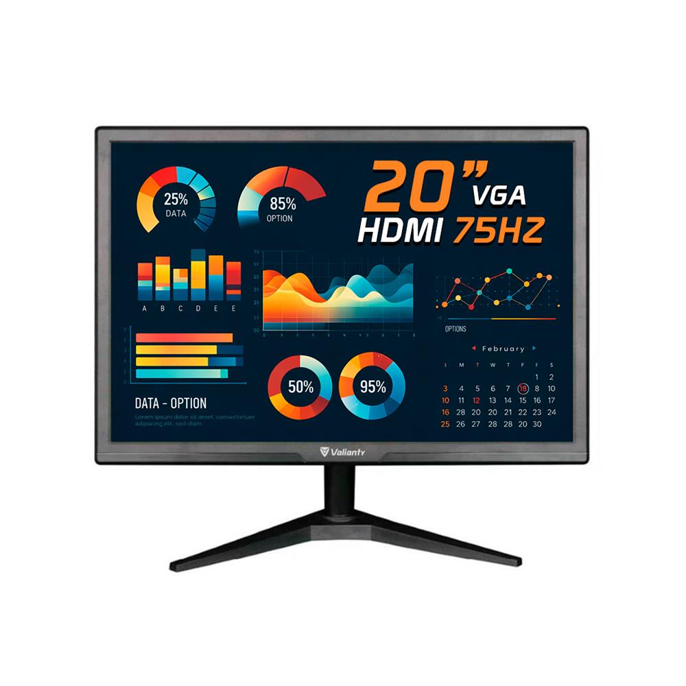 Monitor Valianty VT20X, 20 Polegadas, VGA, HDMI, 30W, 75Hz, Preto