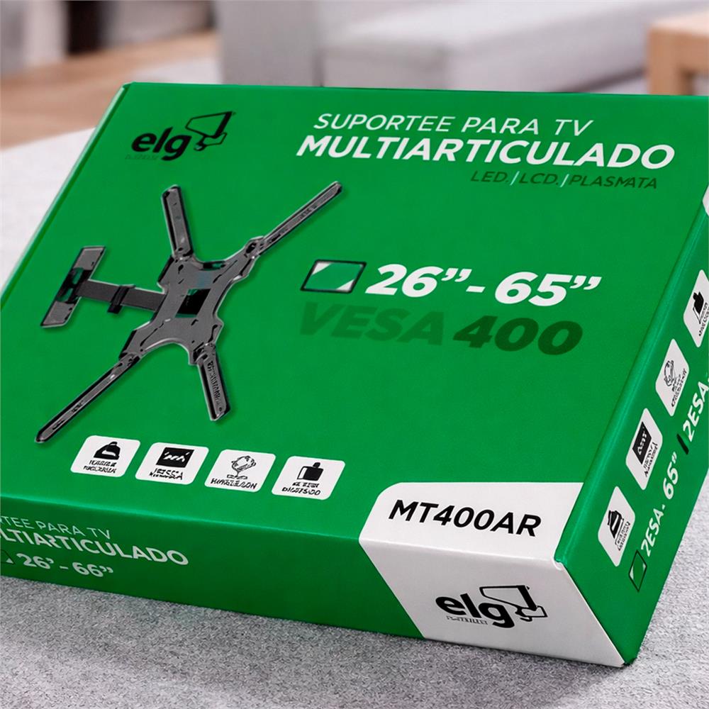 Suporte Articulado para TV, ELG, MT400AR, 26” a 65”, Inclinação e Giro, VESA até 400x400, Preto