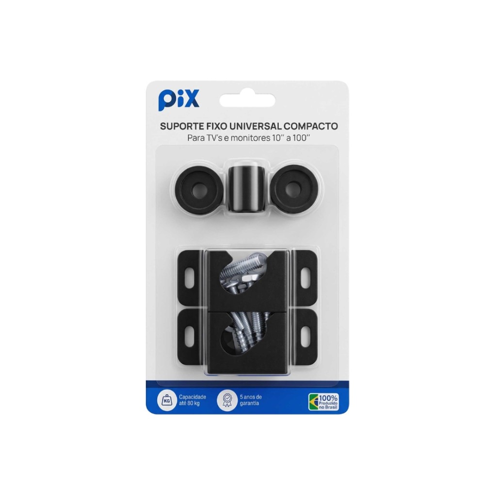 Suporte para TV Fixo, PIX, Universal, 10 a 100 Polegadas, Até 80kg, Compacto, Preto